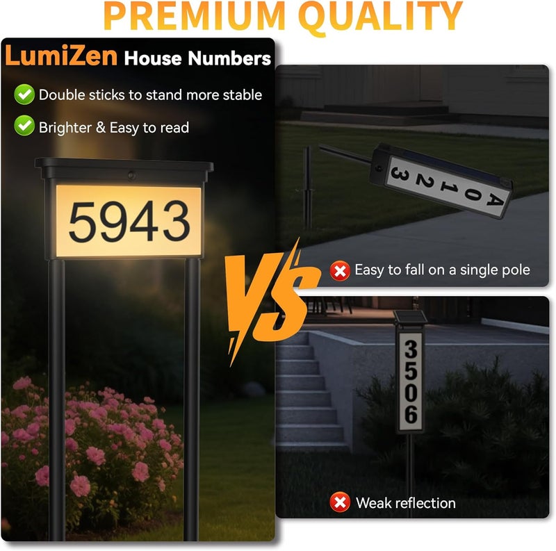 LumiZen Solar Address Sign, House Numbers for Outside Double Side, 12-Color Modes Lighting Address Plaque Outdoor Waterproof, Illuminated LED Address Numbers with Stakes for Yard Home Mailbox-2pack - Image 4